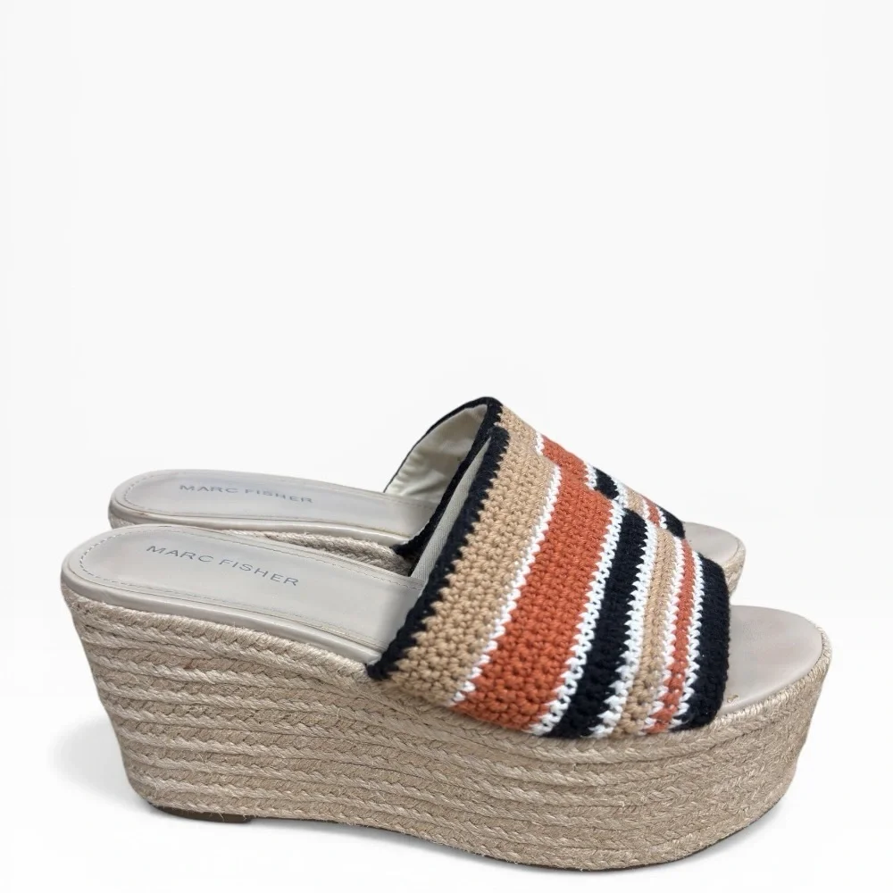 Marc Fisher Lannia Striped Crochet Espadrille Wedge Platform Shoe Size 10